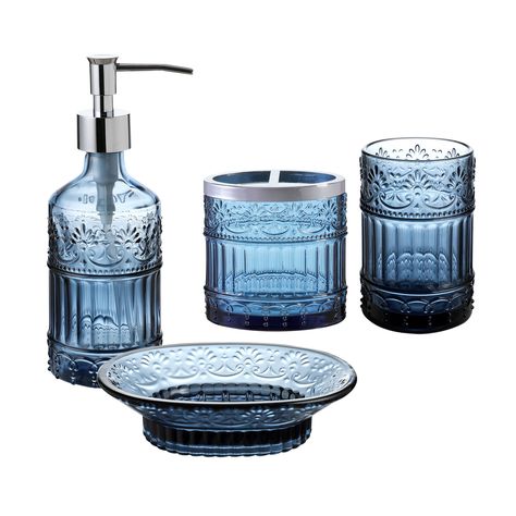 Dark Blue Bathrooms, Bathroom Vanity Accessories, Glass Bathroom Accessories, Blue Bathroom Accessories, Blue Bathroom Decor, Bathroom Accessories Set, Bathroom Accessories Sets, Bath Accessories Set, Bathroom Soap Dispenser