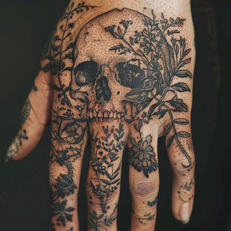 Skull Hand Tattoo Tattoo Flash Collection Throat Tattoo American Traditional, Aged Hand Tattoos, Tattoo Designs Hand Men, Make Memories Tattoo, Hand Tattoos For Women Skull, Dark Beautiful Tattoos, Pretty Gothic Tattoos, Women's Hand Tattoos, Creepy Filler Tattoo