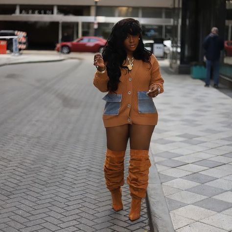 Stafani Milano ⚖️ on Instagram: "He’s in Love with the Cocoa… 🤎🧡" Boots And Dresses Winter, Birthday Outfit With Boots, Winter Night Out Outfits For Women, Thigh Boots Outfit Black Women, Gno Outfit Winter Night, Fall Fashion Outfits Black Women, Black Woman Fashion Classy, Divorce Court Outfit Women, Nashville Tennessee Outfits Winter