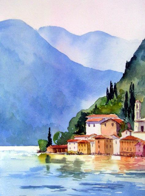 Photos To Watercolor, Italy Painting Watercolour, Italian Landscape Art, Watercolor Cottages Simple, Circular Watercolor Paintings, Lake Como Watercolor Painting, Landscapes Watercolor Paintings, Watercolor Italy Landscapes, Italian Watercolor Painting