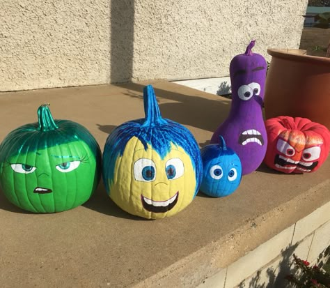 Pixar's Inside Out painted pumpkins! Inside Out 2 Pumpkin Ideas, Inside Out Characters Pumpkins, Pumpkin Painting Disney Characters, Disney Characters Pumpkin Painting, Inside Out Painted Pumpkins, Pumpkin Halloween Painting Ideas, Inside Out 2 Pumpkin, Inside Out Pumpkin Decorating, Inside Out 2 Pumpkin Painting