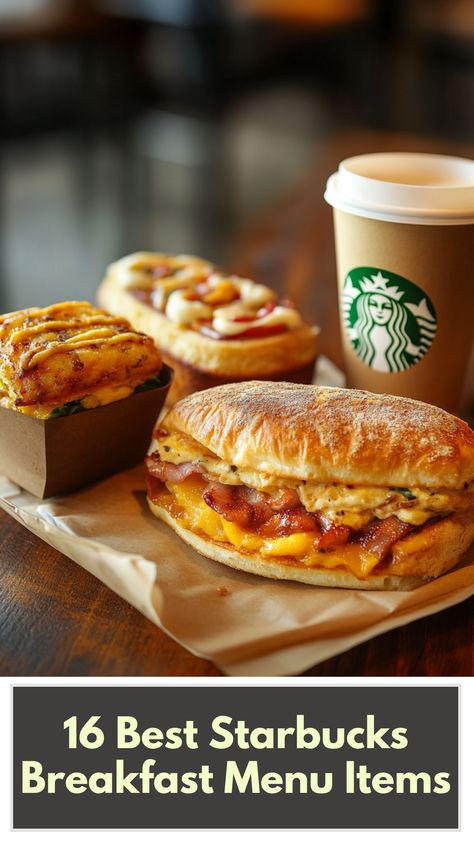 A selection of Starbucks breakfast items, including savory sandwiches and sweet pastries, displayed on a table with a cup of coffee. Starbucks Food Breakfast, Starbucks Breakfast Sandwich, Starbucks Pastries, Starbucks Sandwiches, Savory Sandwiches, Starbucks Breakfast, Starbucks Secret, Starbucks Menu, Breakfast Wraps