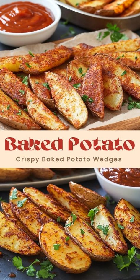 Crispy Baked Potato Wedges with Smoky Chipotle Ketchup Ingredients: 3-4 medium-sized Russet potatoes, scrubbed clean 2-3 tablespoons of olive oil 1 teaspoon paprika (smoked or regular) 1 teaspoon garlic powder 1 teaspoon onion powder Sea salt to taste Black pepper to taste #Baked #Potato Diy Potato Wedges Oven Baked, Russet Potato Wedges In Oven, Seasoned Wedges, Chipotle Ketchup, Russet Potato Recipes, Baked Potato Wedges, Crispy Baked Potatoes, Roasted Potato Wedges, Potato Wedges Recipe