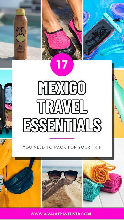 A grid of Mexico travel essentials that you need to pack for a Mexico vacation Mexico Gift Basket, How To Dress For Mexico Vacation, Must Haves For Mexico Vacation, Cancun Essentials Packing Lists, Mexico Travel Tips, Mexico Vacation Must Haves, Mexico Travel Essentials, Cancun Must Haves, What To Pack For Mexico Vacation