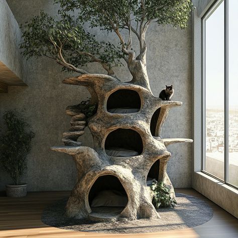 This cat treehouse tower is creatively shaped like a tree, offering your feline a naturalistic playground to climb, explore, and relax. With its sturdy, sisal-wrapped “trunk” and plush, leaf-shaped perches at various heights, this tower mimics the feel of a real tree. Cozy hideaways nestled among the “branches” provide perfect spots for napping, while dangling toys add an element of interactive play. Designed to blend seamlessly into your home décor, this tree-shaped cat tower combines durabi... Rattan Cat Tree, Window Cat Tree, Cat Tree Ideas Diy, Stylish Cat Tree, Cat Tower Aesthetic, Diy Cat Tree Homemade, Driftwood Cat Tree, Cat Tower Diy, Natural Cat Tree