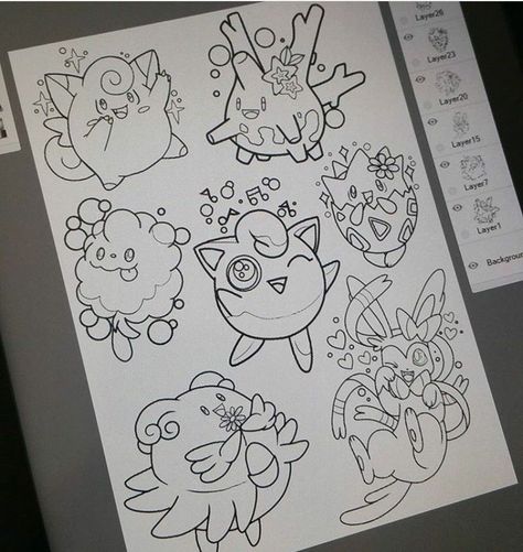 coloring pages 👩‍❤️‍💋‍👨 Clefairy Tattoo, Jigglypuff Tattoo, Pokemon Tattoo Ideas, Pokemon Sleeves, Pokemon Tattoo, Cute Little Tattoos, Cartoon Tattoos, Time Tattoos, Tattoo Flash Art