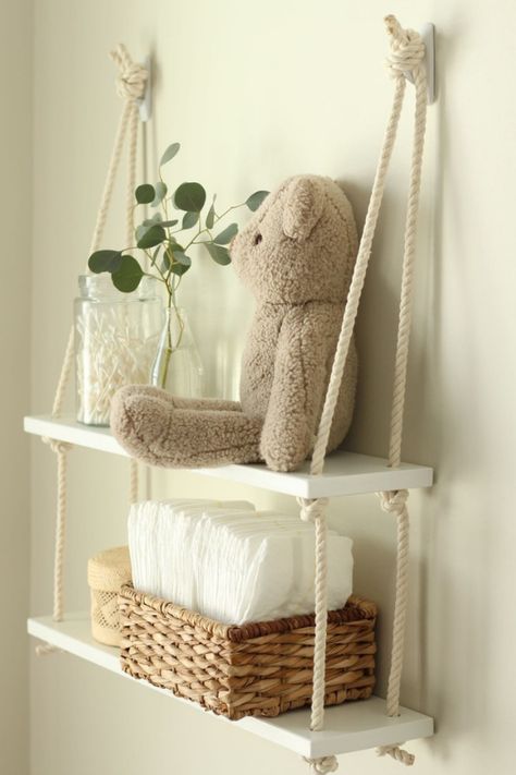 Twins Nursery, Hanging Rope Shelves, Safari Room, Bedroom Nightstands, Nursery Shelf, Rope Shelf, Dream Nursery, White Bookshelves, White Floating Shelves