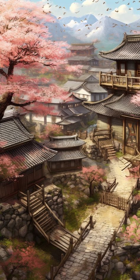 Japanese Ninja Art, Japanese Fantasy Art, Fantasy Art Landscape, Chinese Countryside, Japanese Palace, Gokayama, Japan Village, Medieval Japanese, Medieval Japan