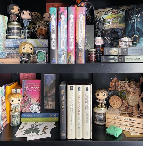 Lord Of The Rings Collectibles, Lord Of The Rings Shelf, Lord Of The Rings Bookshelf, Lord Of The Rings Room, Nerdy Room, Lord Of The Rings Decor, Lord Of The Rings Collection, Lord Of The Rings Book, Hobbit Aesthetic