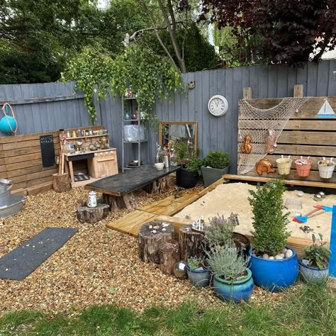 Mud kitchen sand pit childminder Becki Agar on Instagram: “Making progress on my nature kitchen area with sand pit #sand #mudkitchen #sandpit #natureplay #diy #childrenplayingoutside…” Diy Sandpit For Kids, Eyfs Sand Area Outside, Natural Play Area, Kids Garden Play Area, Natural Play Spaces, Designing A Garden, West Kirby, Nature Kitchen, Outdoor Play Space