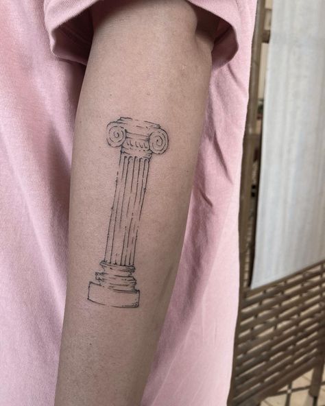 Greek Column Tattoo Minimalist, Ionic Column Tattoo, Caryatid Tattoo, Colleseum Rome Tattoo, Greek Column Tattoo, Pillar Tattoo, Colleseum Rome, Column Tattoo, Arch Tattoo