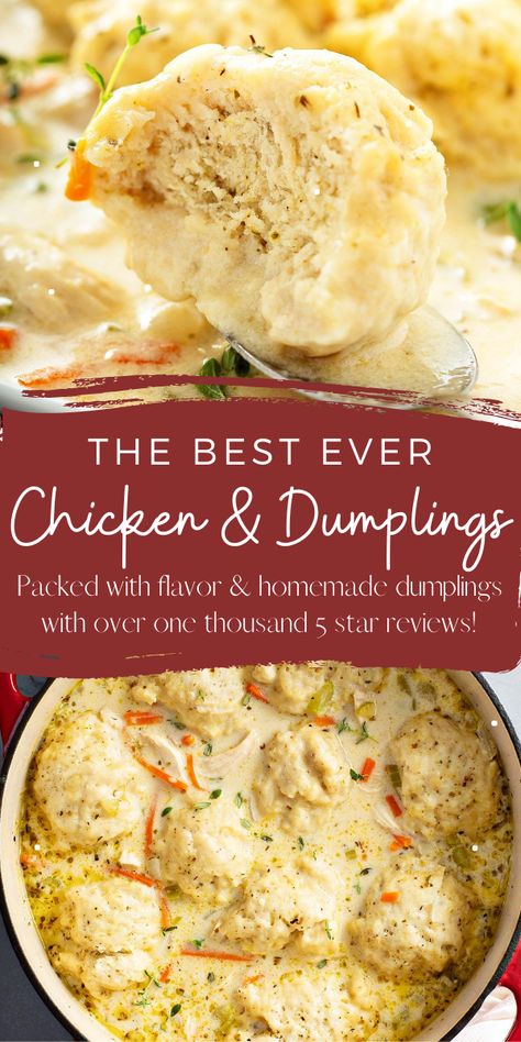 This homemade Chicken and Dumplings recipe makes creamy soup loaded with big fluffy dumplings made from scratch. An easy and cozy recipe! #dumplings #soup #chickensoup Easy Homemade Chicken And Dumplings, Homemade Chicken And Dumplings Recipe, Dumplings Soup, Fluffy Dumplings, Best Ever Chicken, Chicken Dumplings Recipe, Chicken And Dumplings Recipe, Homemade Chicken And Dumplings, Chicken Dumplings