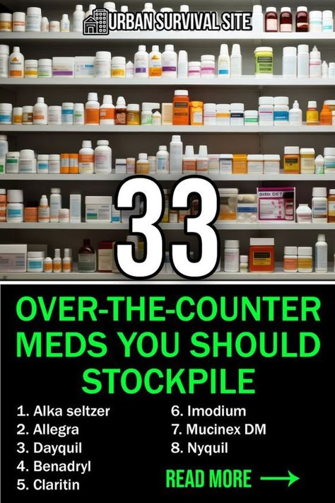 This is not a comprehensive list of all the medical supplies you should stockpile. Rather, it's a list of the most popular OTC medications that you can take orally (or in some cases, topically). The medications listed here should take care of all the most common ailments such as allergies, arthritis, congestion, constipation, cough, cramps, diarrhea, dizziness, fever, headache, heartburn, nausea, sore throat, runny nose, vomiting, and more. Emergency Preparedness Items, Survival Skills Emergency Preparedness, Emergency Preparedness Food, Shtf Preparedness, Emergency Binder, Emergency Prepardness, Emergency Survival Kit, Emergency Preparedness Kit, Survival Supplies