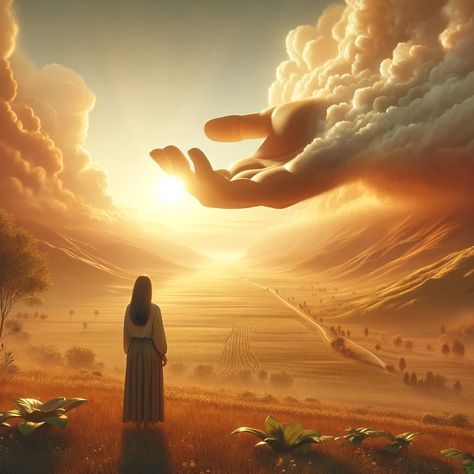 A serene landscape with a large, comforting hand extending from the clouds above, symbolizing divine support. In the foreground, a young woman stands, looking up with a sense of peace and assurance. The landscape is bathed in warm, golden light, creating a sense of hope and comfort. This image visually represents the verse Isaiah 41:10, conveying the theme of God's presence and support, and the reassurance it brings to individuals facing challenges or fears. God's Presence Images, Hope Pictures Art, Jesus Comforting Pictures, Jesus Art Beautiful Images, Stairs To Heaven Tattoo, God And Nature, Hope Illustration, Peace Landscape, Peace Images