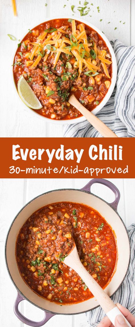 Everyday Beef Chili recipe is a kid-approved, 30-minute meal that comes together using mostly pantry staples. This mild chili recipe has limited ingredients and is the best chili recipe for busy family weeknight meals. Mild Chili Recipe, Thai Sweet Potato Soup, The Best Chili Recipe, Stews Recipes, The Best Chili, Beef Chili Recipe, Vancouver Food, Best Chili, Best Chili Recipe