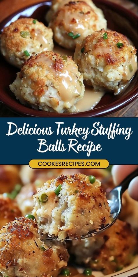 These Turkey Stuffing Balls are a delicious way to use up Thanksgiving leftovers or enjoy the flavors of the holiday all year round. They’re easy to make, crispy on the outside, and full of comforting flavors inside. Perfect for serving as an appetizer or a side dish with gravy or cranberry sauce! Thanksgiving Balls Recipe, Best Stuffing Balls, Meals With Stuffing As A Side, Balls Made Of Leftover Turkey And Stuffing, Best Turkey Thanksgiving Recipes, Fried Stuffing Patties, Turkey Cranberry Appetizers, Leftover Turkey And Stuffing Balls, Fall Easy Recipes Dinners