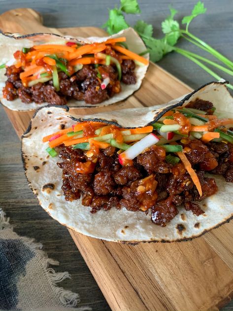 Vegan Korean BBQ Tacos - The Lean Clean Eating Machine Vegan Meals With Impossible Meat, Lean Vegan Meals, Meatless Asian Recipes, Naturally Vegan Recipes, Vegan Clean Eating Recipes, Unique Taco Recipes, Vegan Bbq Ideas, Vegetarian Bbq Recipes, Clean Vegan Recipes