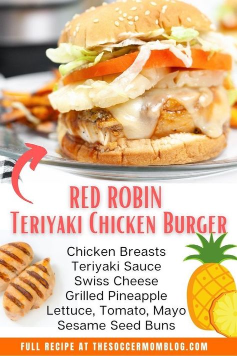 Red Robin Burgers Recipes, Chicken Teriyaki Sandwich, Teriyaki Sandwich, Copycat Red Robin, Teriyaki Burger, Lush Desserts, Chicken Burger Recipe, Burger Ideas, Grilled Burger Recipes