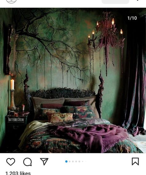 Green Gothic Bedroom, Dark Cottagecore Aesthetic Bedroom, Cottagecore Aesthetic Bedroom, Forest Bedroom Ideas, Dark Cottagecore Bedroom, Cottagecore Bedrooms, Cottagecore Bedroom Decor, Indian Bedroom Decor Ideas, Gothic Bedroom Ideas