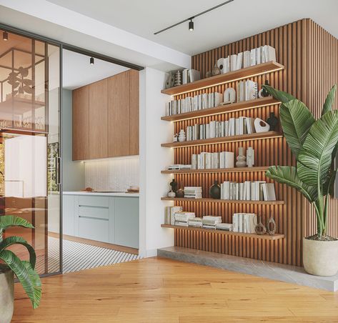 Slat Wall Split Level, Slatted Wood Wall With Shelves, Slat Wall Bookshelves, Wooden Slat Shelves, Wood Slat Shelves, Wood Slat Wall Commercial Design, Wood Panel Bookshelves, Wooden Slat Wall With Shelves, Slat Bookshelf Wall