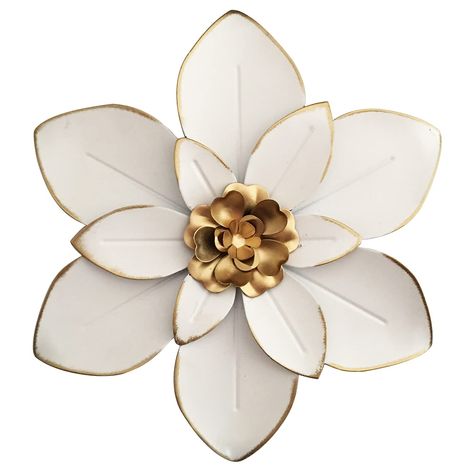 PRICES MAY VARY. LAYERED METAL FLOWER WALL ART: This White and Golden metal wall sculpture features layers of molded metal to create a lifelike flower design with rustic white and gold color, antique gold edge to create a stylish, outstanding appearance, give your home a fresh and natural feeling DIMENSIONAL WALL FLORAL SCULPTURE: Rutic White Gold Flower decorative wall accent is made from cut and bent sheet metal and welded into 3D shape. The creative metal flower wall artworks will add a fresh Flower Wall Art Decor, Metal Flower Wall, Floral Sculpture, Metal Flower Wall Art, Metal Flower Wall Decor, Wall Accents Decor, Indoor Kitchen, Dimensional Wall, Flower Sculptures