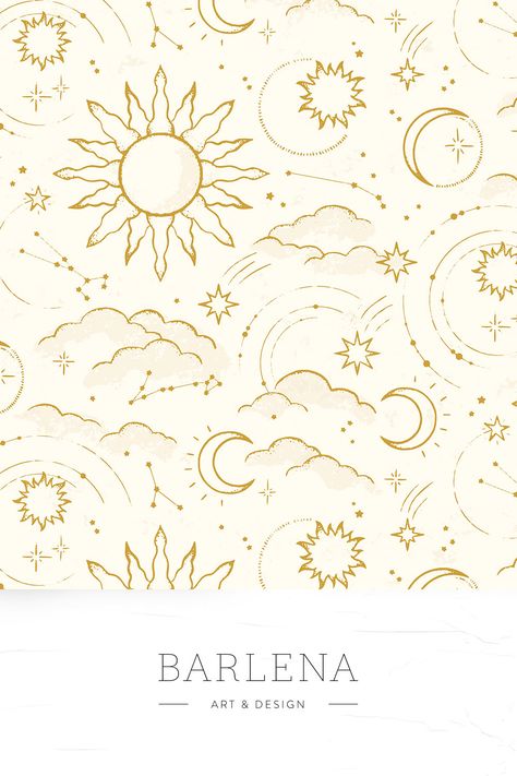 Seamless pattern design with handdrawn celestial elements like sun, moon, swirling galaxies, twinkling stars, clouds and constellations. This pattern is available for licensing Celestial Sun And Moon, Celestial Pattern, Celestial Elements, Seamless Pattern Design, Sun And Clouds, Twinkling Stars, Twinkle Star, Sun And Stars, Pattern Play