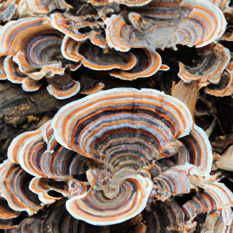 Turkey tail mushrooms, scientifically known as Trametes versicolor, are a type of bracket fungus that is commonly found on dead or decaying trees and logs. They are named "turkey tail" due to their fan-like shape and vibrant, multicolored bands that resemble the tail feathers of a wild turkey. These mushrooms are widely distributed around the world and are known for their distinctive appearance and medicinal properties. Learn about the health benefits in our article. Paul Stamets, Turkey Tail Mushrooms, Functional Mushrooms, Turkey Tail Mushroom, Turkey Tail, Wild Turkey, Turkey Feathers, Feather Art, Tail Feathers