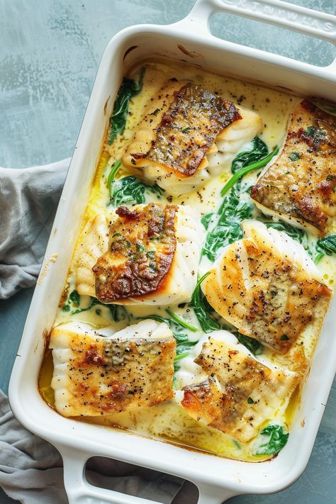 Cod Spinach Recipe, Recipes Using Cod, Keto Seafood Casserole Recipes, Fish Spinach Recipes, Cod And Spinach Recipes, Fish And Spinach Recipes, Keto Recipes Fish, Cod Bowl Recipe, Pescatarian Low Carb Recipes