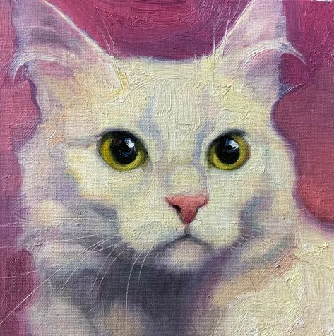 A small square painting of a white cat with yellow eyes is looking for its purrfect home! Every painting for me is a journey into a cat's soul. I've painted hundreds of cats by now, and I haven't met two that are alike, in looks or in personality. While my spirit is exploring the cat's universe and getting to know his or her soul, my brain is hard at work putting the pieces of the painting puzzle together, brushstroke by brushstroke. In this way, Painting is a form of meditation but also a very acute state of focus and intense problem-solving. I usually paint alla prima (wet on wet) and finish a painting within one day after a morning-to-evening painting session. It allows me to stay with my subject without interruptions and keep the painting surface alive and fresh. White Cat With Yellow Eyes, White Cat Painting, Katya Minkina, White Fluffy Cat, Cat Portrait Painting, Square Painting, Canvas Painting Designs, Eye Painting, Cat Portrait