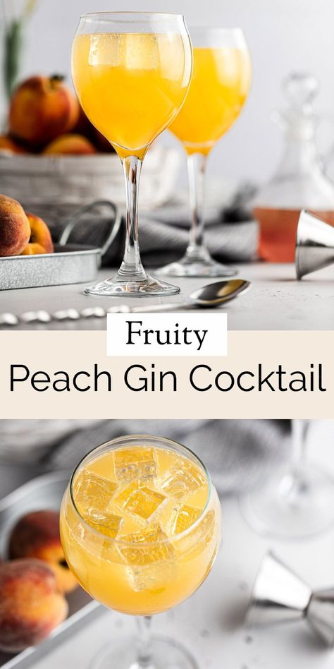 This fruity, peach gin cocktail is the best way to use up your leftover peaches. Fresh peach syrup gives this drink an intense peach flavor that pairs so well with a very slight taste of gin. With a dash of club soda for a bit of fizz, this is the perfect end-of-summer and start-of-fall cocktail. Cocktails With Peach Syrup, Peach Syrup Cocktail, Fruity Gin Cocktails, Peach Juice Cocktail, Peach Gin Cocktail, Leftover Peaches, Gin Mixed Drinks, Gin Based Cocktails, Easy Gin Cocktails