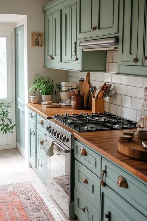 "Add a splash of color to your kitchen with DIY Painted Cabinets! 🛠️🎨 A great way to refresh and revitalize your cooking space. 🌿✨ #DIYKitchenInspiration #PaintedCabinetsIdeas #HomeStyling" Cabinet Paint Before And After, Painted Cabinets With Wood Doors, Fun Kitchen Cabinets, Painted Cabinets Butcher Block Counter, Paint Wooden Kitchen Cabinets, Vintage Teal Kitchen, Colored Kitchen Cabinet Ideas, 1900s Kitchen Remodel, Earthy Kitchen Paint Colors