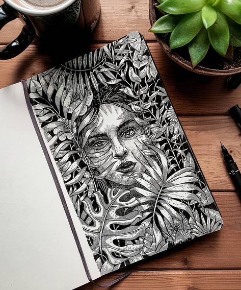 fineliner ink drawing Rapid Art Drawing Idea, Creative Nature Art, Black Ink Pen Drawings, Micron Pen Sketches, Drawings With Sketch Pens, Stippling Art Nature, Rapid Art Easy, Nature Related Drawings, Black Pen Drawing Aesthetic