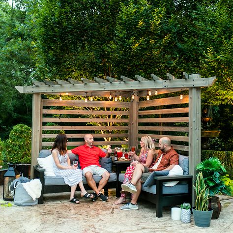 Cooler nights + warmer lights make our Catalina Cabana Pergola awesome for autumn. #backyardfurntiure #outdoorfurniture #gardengoals #backyardgoals #cabana #pergola #luxurylifestyle Pergola Bench Seating, Half Pergola Ideas, Small Corner Pergola, Diy Corner Pergola, Small Outdoor Seating Area, Corner Pergola Ideas, Cabana Pergola, Corner Garden Seating, Pergola Corner