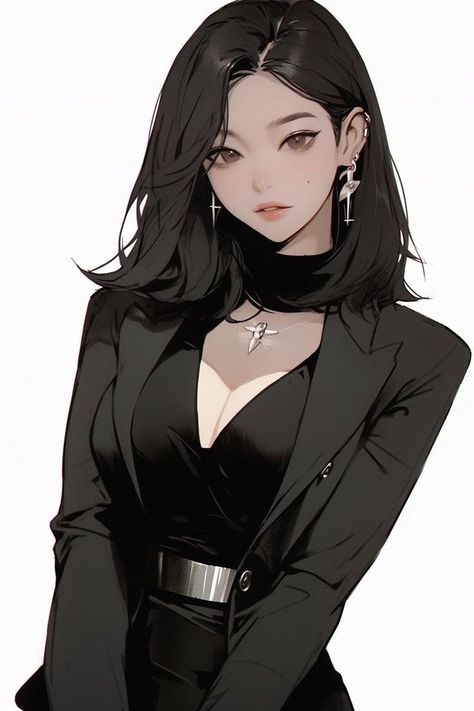 Anime Oc Female Black And White Hair, Short Hair Woman Anime Art, Short Black Hair Anime Woman, Short Hairstyle Women Anime, Anime Women With Short Hair, Short Haired Anime Woman, Black Hair Female Oc, Anime Business Women, Short Hair Anime Female