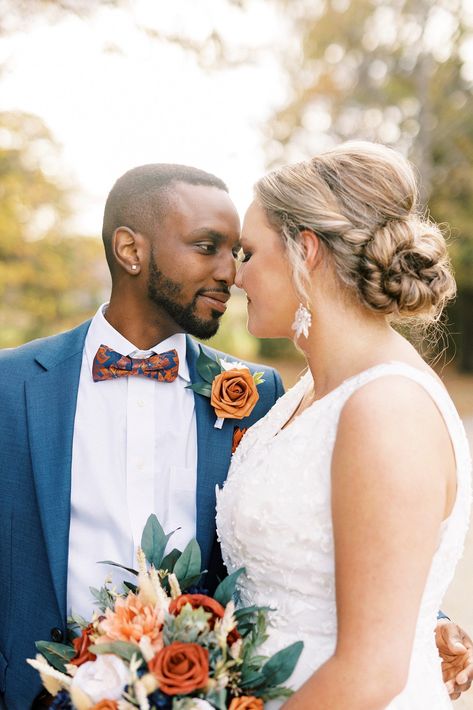 bride and groom touch noses on wedding day | Bella Terra Wedding in the fall with rustic burnt orange and navy details photographed by NC wedding photographer Kevyn Dixon Photography. Groom Attire Black, Nc Mountain Wedding, Wedding Bridesmaid Bouquets, Casual Groom Attire, Small Bridal Parties, Asheville Nc Wedding, Peach Bouquet, Greenville Sc Wedding, Mixed Couples