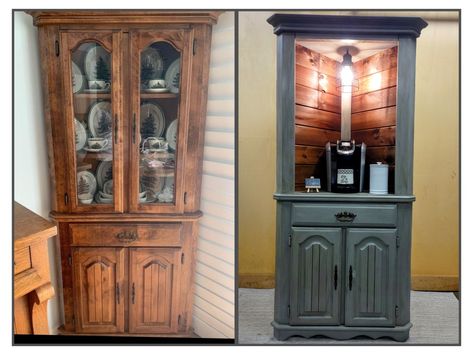 Farmhouse refinished corner cabinet. Distressed or Shabby Chic decor. Corner Cabinet Remake, Reclaimed Corner Cabinet, Corner Cabinet Coffee Station, Corner Coffee Cabinet, Refurbished Corner Cabinet, Refinished Corner Cabinet, Corner Cabinet Upcycle, Painted Corner Cabinet Ideas, Corner Cabinet Makeover Ideas