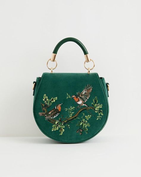 Handbags Fable England, Swan Jewelry, Embroidery Accessories, Luxury Christmas Gifts, Embroidered Handbag, Detailed Embroidery, Green Handbag, Fern Green, Animal Brooch