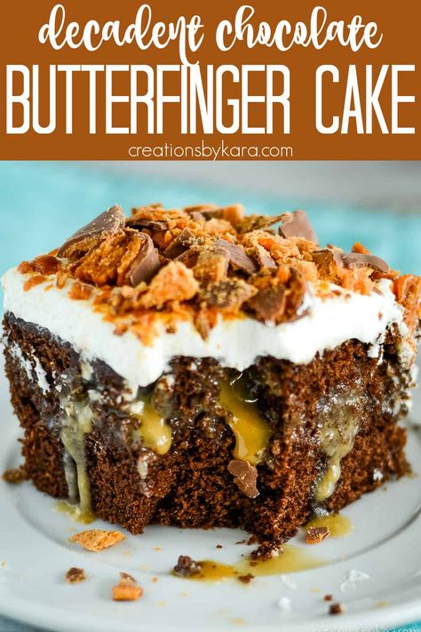 Best Ever Chocolate Butterfinger Cake - this butterfinger poke cake is simply incredible! The sauce sets it apart from the rest. It is so easy to make, but the taste will blow your mind! #butterfingercake #butterfingerpokecake #pokecake #easycakerecipe #creationsbykara #butterfingers Butterfinger Poke Cake, Butterfinger Cake Recipe, Finger Cake, Butterfinger Cake, Candy Bar Cake, Poke Cake Recipe, Cooking Tricks, Peanut Butter Sauce, Poke Cake Recipes