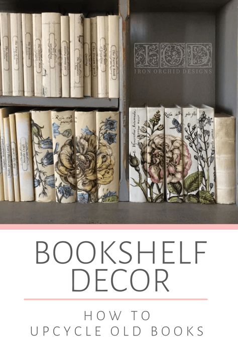 Look no further for a fabulous DIY bookshelf decor idea! So many ways to customize this book craft project to match your home decor style with IOD Transfers and Stamps. Iod Transfers On Books, Antique Book Display Ideas, How To Use Books For Decor, How To Cover Books With Paper, Vintage Book Display, Recover Books Diy, Iod Brocante Transfer Ideas, Diy Decorative Books, How To Cover Books For Decor