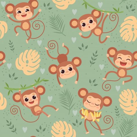 Monkey Illustration, Jungle Tree, Monkey Wallpaper, Monkey Pattern, Monkey Print, Little Animals, Cute Monkey, Fish Patterns, Cartoon Background