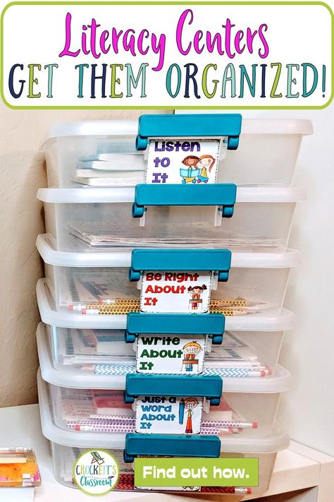 Organization is key to running a smooth and successful literacy block.  When your materials are organized and students know how to maintain the organization you have time to focus on your lessons. Literacy Centers Prek, Classroom Center Organization, Literacy Centers First Grade, Literacy Centers Preschool, First Grade Literacy Centers, First Grade Literacy, Preschool Literacy Centers, Centers Preschool, Kindergarten Literacy Centers