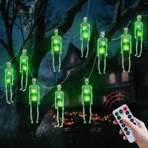 PRICES MAY VARY. 【Scary Halloween Decorations Lights】Package included 1 set of Halloween decorations LED light: 6.6 FT, 20 led lights, 10 skeleton bones, 1 waterproof battery box, 1 remote control comes with 8 different kinds of light modes and timer. Enough quantity and various modes of lighting would satisfy your decoration need. 【8 Different Light Modes】The halloween string lights emit a green glow in the darkness, nice and bright. 20 LED lights are evenly spaced, providing just the right amo Halloween Led Lights, Halloween String Lights, Spider Web Decoration, White String Lights, Halloween 3d, Skeleton Skull, Scary Halloween Decorations, Halloween Displays, Halloween Lights