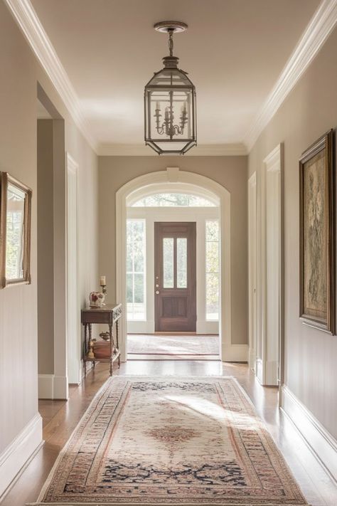 Welcome guests with a stylish and inviting neutral entryway. Combine soft hues of beige and white with natural wood elements for a warm and welcoming first impression. 🚪🌿✨ #NeutralEntryway #WelcomingSpaces #HomeDecor #FirstImpressions Hallway Ideas Beige, Beige Wall White Trim, Colors For Entryway, Neutral Entryway, Beige Entryway, Neutral Interior Paint Colors, House Moodboard, Dark Wood Floors, Beige Interior