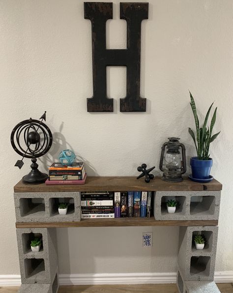 #cinderblocks Cinder Block Bookcase, Cinder Block Desk Diy, Cinder Block Furniture Indoor, Cement Block Shelf, Cinder Block Desk, Cinder Block Shelf, Cinder Block Shelves, Vinyl Record Furniture, Cinder Block Furniture