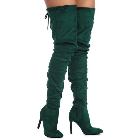 Emerald Thighs The Limit Suede Boots ($28) ❤ liked on Polyvore featuring shoes, boots, suede boots, thigh high stiletto boots, thigh high suede boots, thigh high boots and over the knee boots Dark Green Thigh High Boots, Green Thigh High Boots, Tie Boots, Thigh High Stiletto Boots, Ivy Costume, Bar Hopping, Thigh High Suede Boots, Boots Outfits, Green Boots