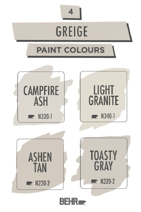 For a warm neutral paint colour that you can use throughout your entire home, turn to this greige colour palette from BEHR®. A stylish combination of grey and beige, these hues are versatile enough to pair with a variety of interior design styles. Click below to learn more. Bathroom Greige Paint, Behr Paint Campfire Ash, Grey Brown Paint Colors Living Room, Perfect Greige Behr, Behr Gray Beige Paint Colors, Whole House Paint Colors Behr, Greige Paint Colors Living Room Wall, Gray Beige Paint Colors Behr, Behr Light Gray Paint Colors