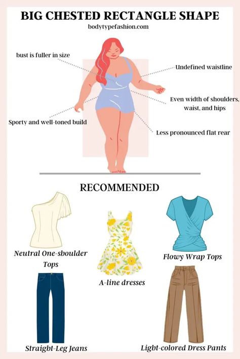 How to dress big chested rectangle shape Outfit Inspo Rectangle Body Shape, Body Type Clothes, Rectangle Body Shape Outfits, Apple Shape Fashion, Rectangle Body Shape, Shape Fashion, Clothes For Women Over 50, Wardrobe Capsule, Apple Shape