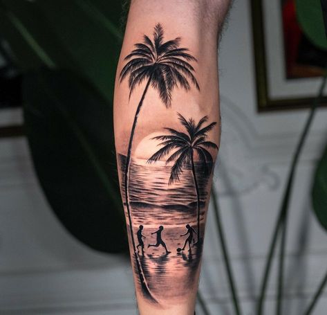 Summer Tattoo Ideas For Men, Beach Design Tattoo, Beach Seen Tattoo, Nature Water Tattoo, Beach Themed Sleeve Tattoos, Surfer Memorial Tattoo, Men’s Tropical Tattoo, Under Sea Tattoo Sleeve, Ocean Scene Tattoos For Women