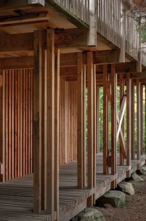 NORRØN designs learning space in the trees of denmark's gribskov forest Forest Pavilion, Detail Arsitektur, Wooden Facade, Timber Architecture, Timber Frame Construction, Timber Buildings, Wood Architecture, Wooden Structure, Timber Structure