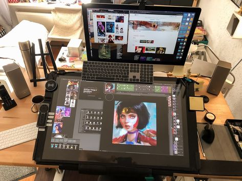 Studio Seni, Artist Workspace, Bilik Idaman, Art Studio Space, Art Studio Room, Home Studio Setup, Wacom Cintiq, Artist Aesthetic, Art Studio At Home